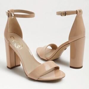 NEW Sam Edelman Yaro WIDE Beige Patent Faux Leather Open Toe Block Heel Sandals